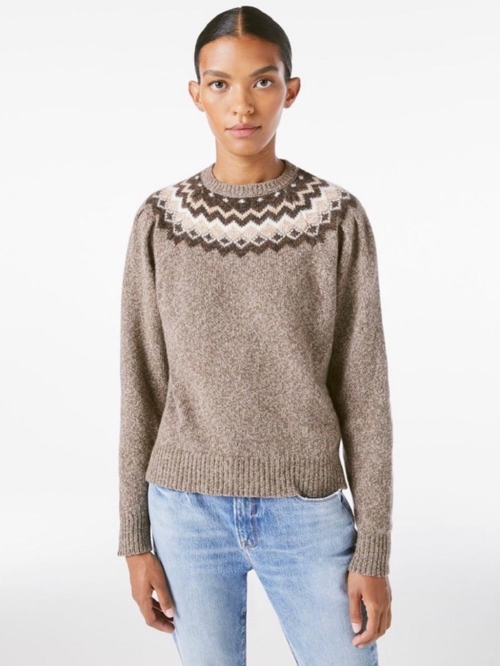 Frame Merino Blend Fairisle Crew Neck Sweater In Mushroom